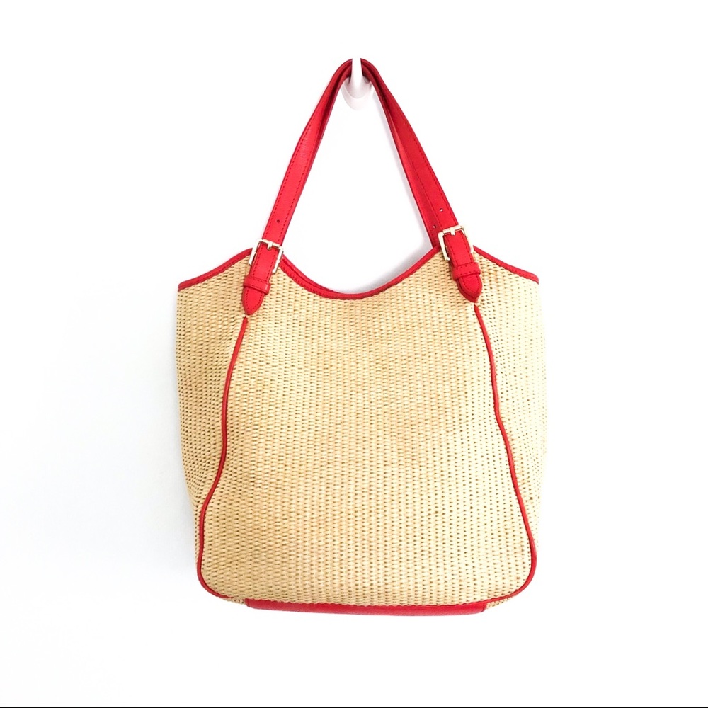 {TORY BURCH} Woven Straw Orange Leather Tote - Picture 2 of 5